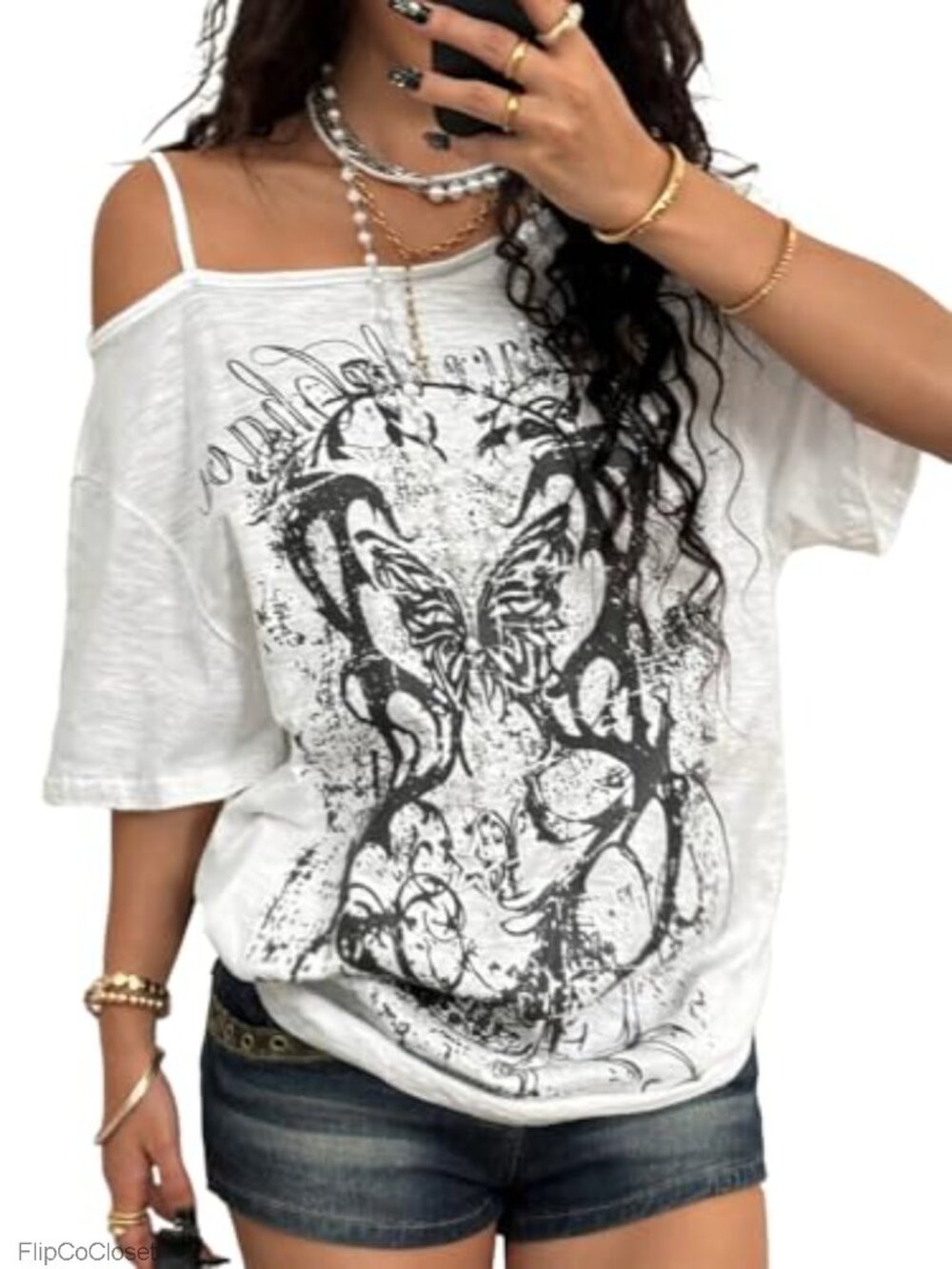 Women's Y2K Off The Shoulder Graphic T-Shirt Drop Shoulder Grunge Top Short